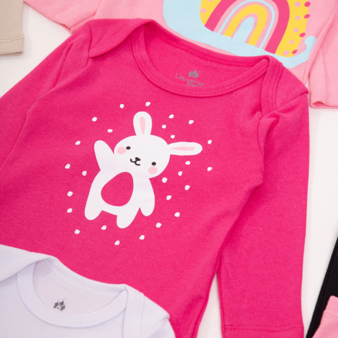 Kit Sortido com 6 Body Longo e 6 Calças para Bebê Menina