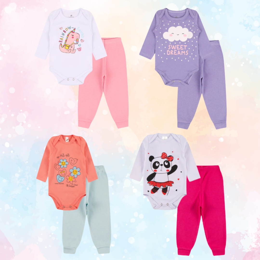 Kit Sortido com 6 Body Longo e 6 Calças para Bebê Menina