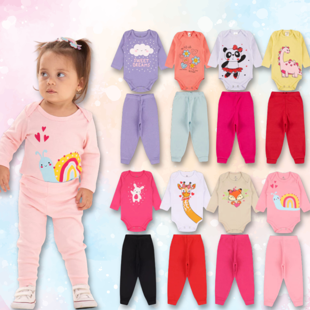 Kit Sortido com 6 Body Longo e 6 Calças para Bebê Menina