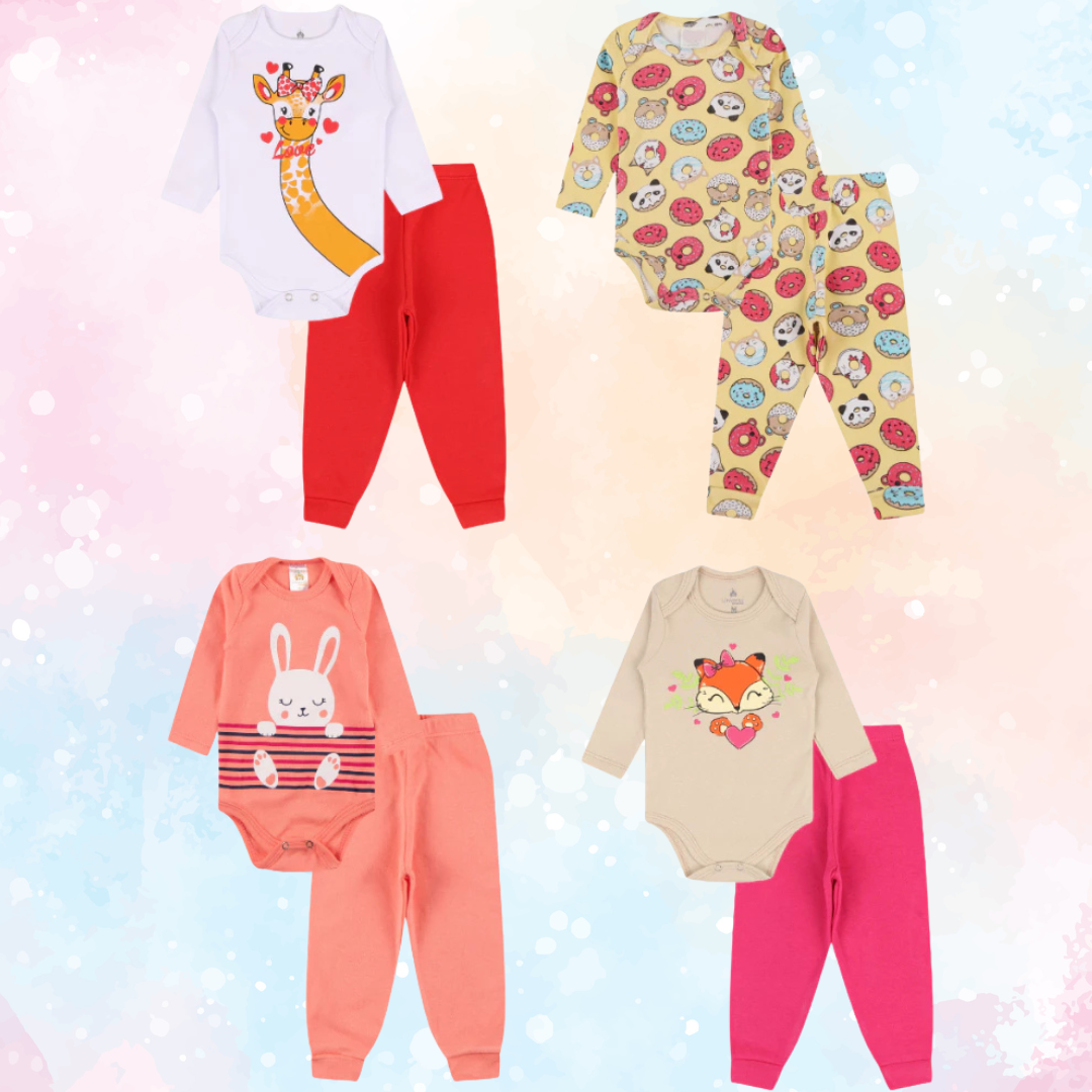 Kit Sortido com 6 Body Longo e 6 Calças para Bebê Menina