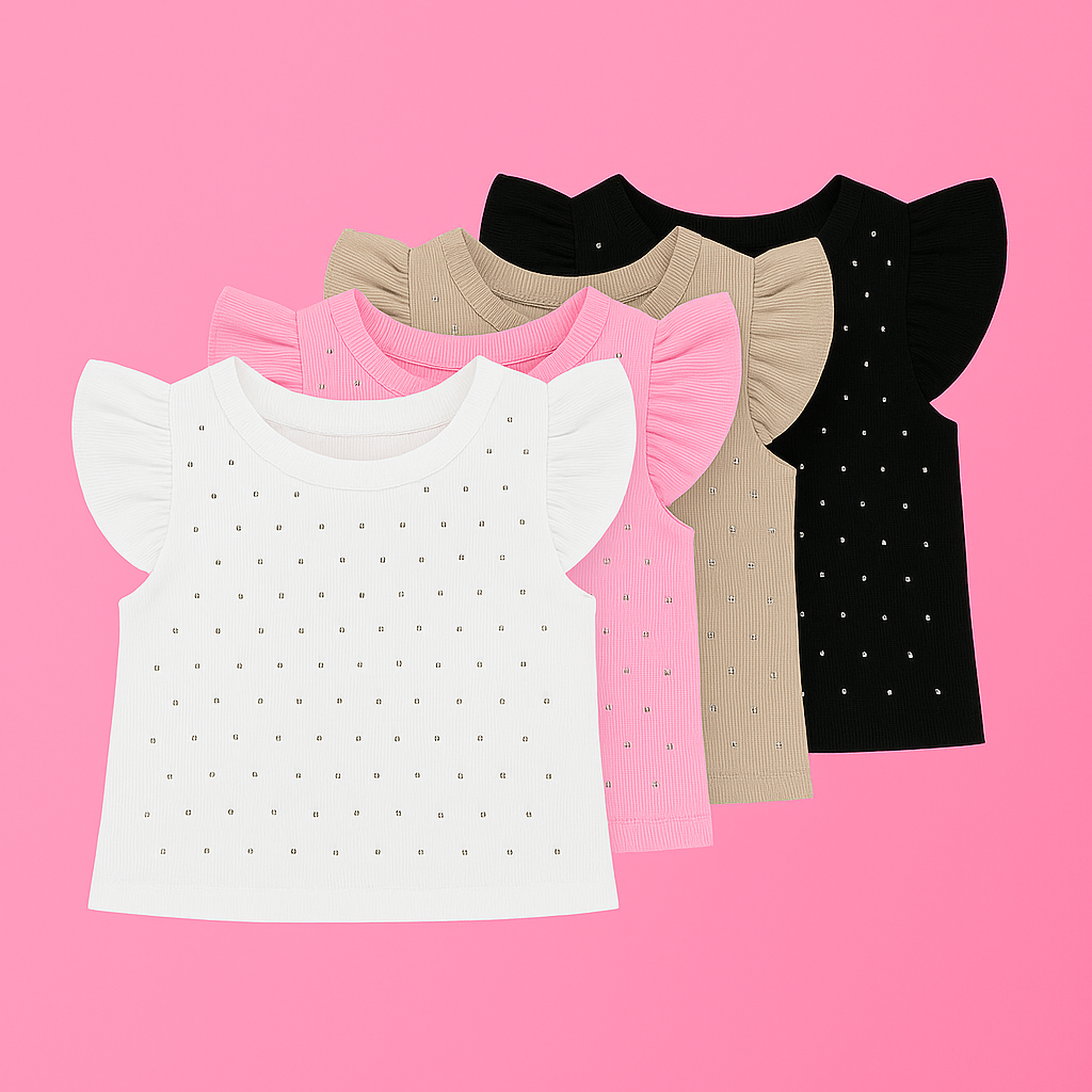 Kit com 3 Blusas Infantis Caneladas Manga Princesa